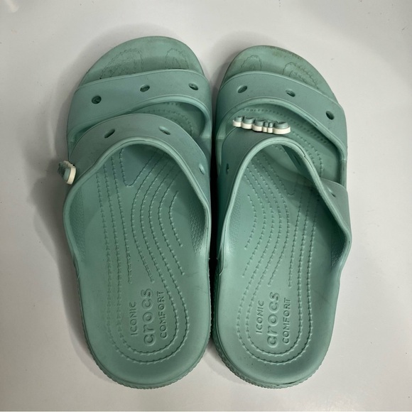 Crocs teal 2 strap slides with holes for gibbets size 8 - Picture 5 of 6